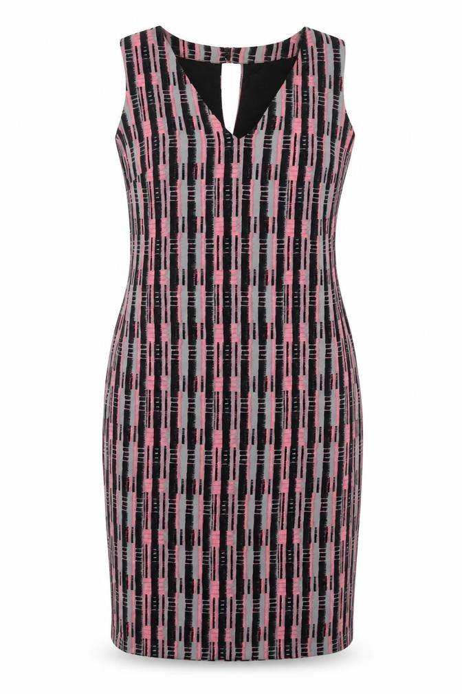 Front view of Next women’s multicoloured geometric polyester pencil dress, size UK 10, v-neck zip