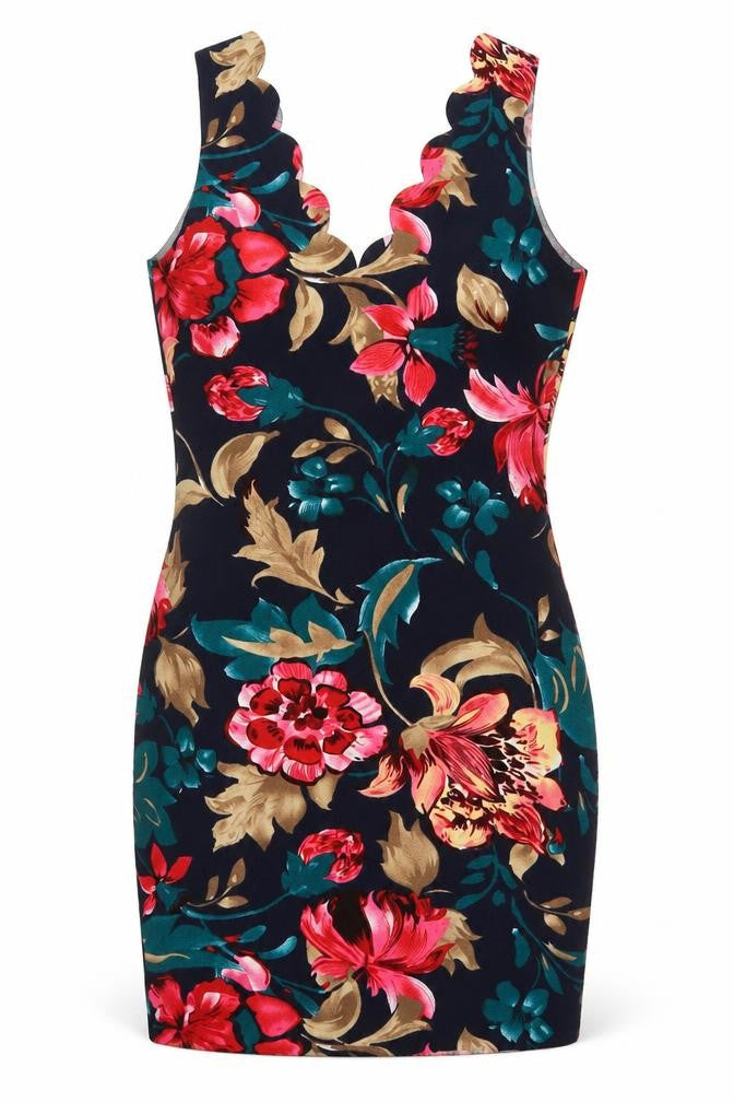 Front view of SHEIN women’s multicoloured floral polyester mini, size XS, v-neck pullover