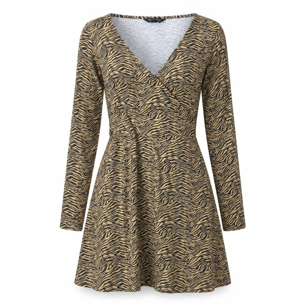 Front view of Miss Selfridge women’s brown animal print polyester a-line, size UK 10, v-neck pullover