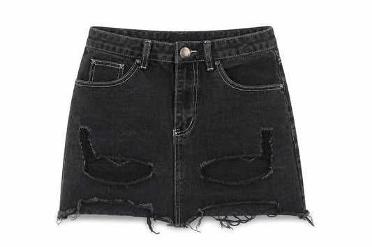 Front view of PRETTYLITTLETHING women’s black cotton a-line skirt, size UK 8, button