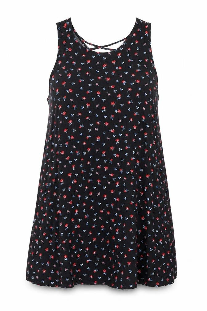 Front view of Gap women’s black floral viscose a-line, size S, v-neck pullover