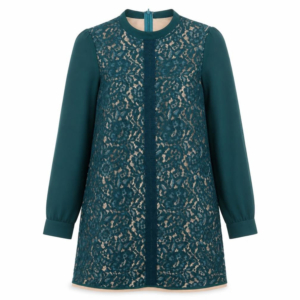 Front view of Oasis women’s green cotton a-line, size UK 8, crew neck zip