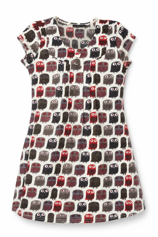Front view of Pepper Tree women’s multicoloured geometric acrylic a-line, size S, scoop neck pullover - owls