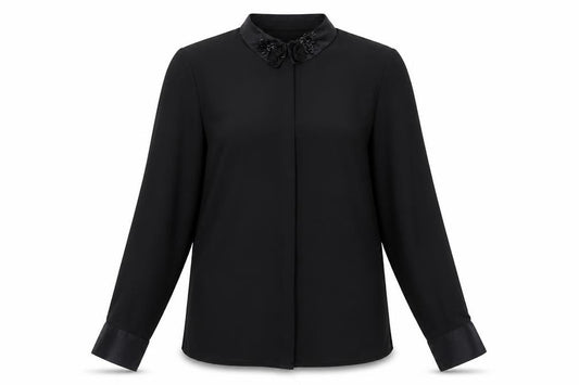 Front view of H&M women’s black polyester basic button-up, size UK 8, collared