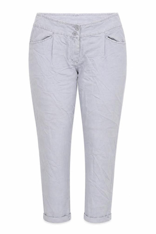 Front view of Warehouse women’s grey viscose capri trousers, size UK 10, 29-inch leg regular zip