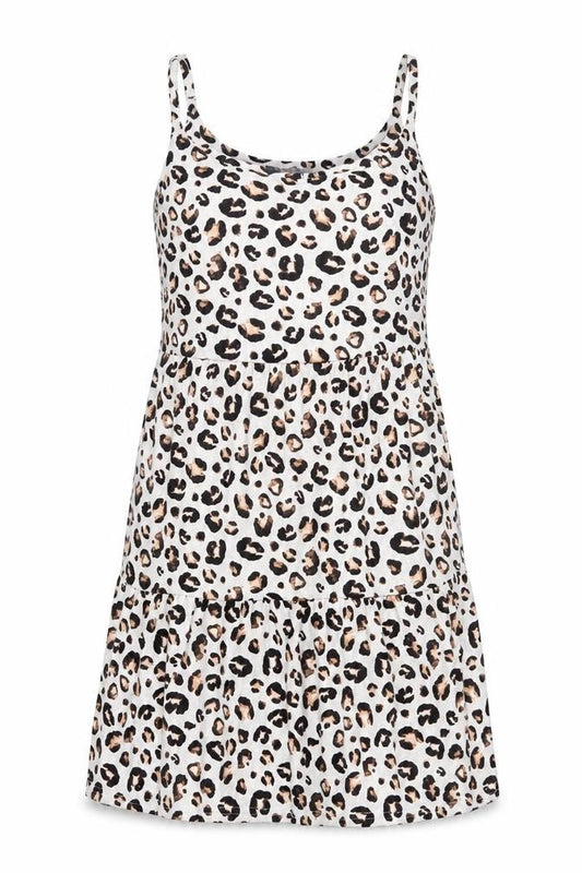 Front view of Nutmeg women’s multicoloured animal print polyester tank dress, size UK 8, round neck pullover - leopard print