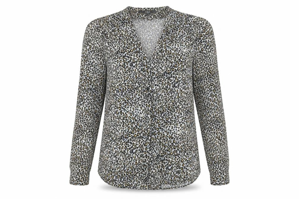Front view of Next women’s multicoloured animal print viscose basic button-up, size UK 6, v-neck - leopard print
