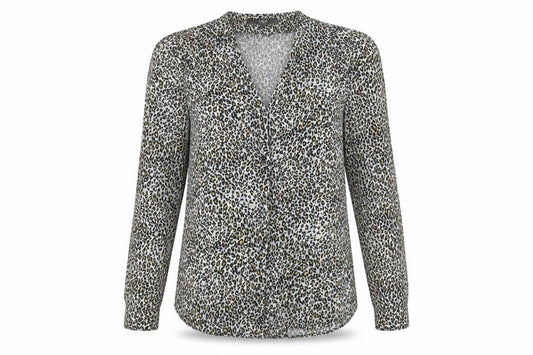 Front view of Next women’s multicoloured animal print viscose basic button-up, size UK 6, v-neck - leopard print