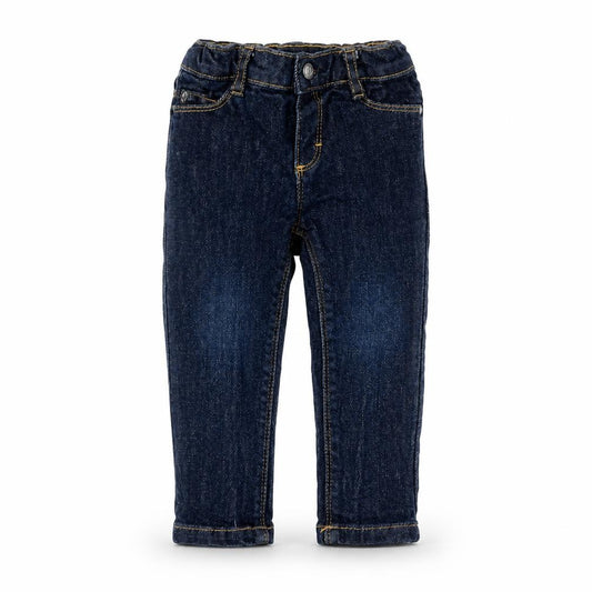 Front view of Petit Batau boys’ blue cotton capri jeans, size 18, months pullover