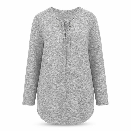 Front view of Primark women’s grey polyester basic blouse, size UK 10, v-neck - lace up