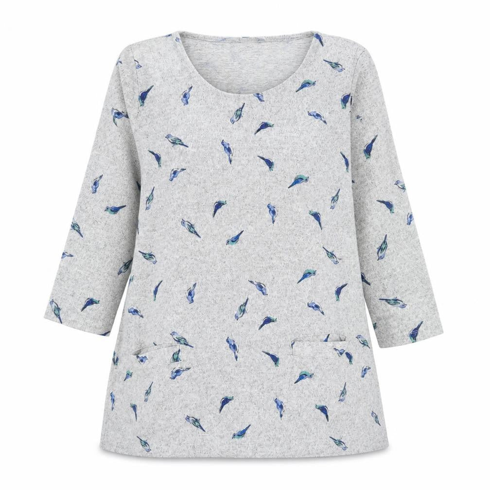 Front view of prew women’s grey scoop neck geometric polyester jumper, size UK 12, - feather