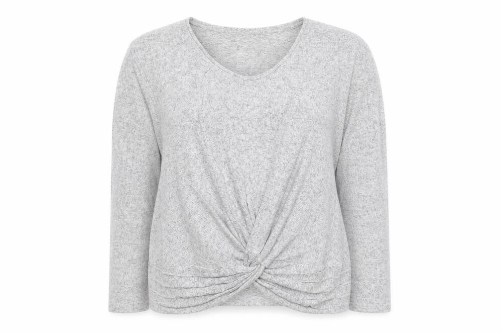 Front view of George women’s grey round neck viscose jumper, size S, - knot front