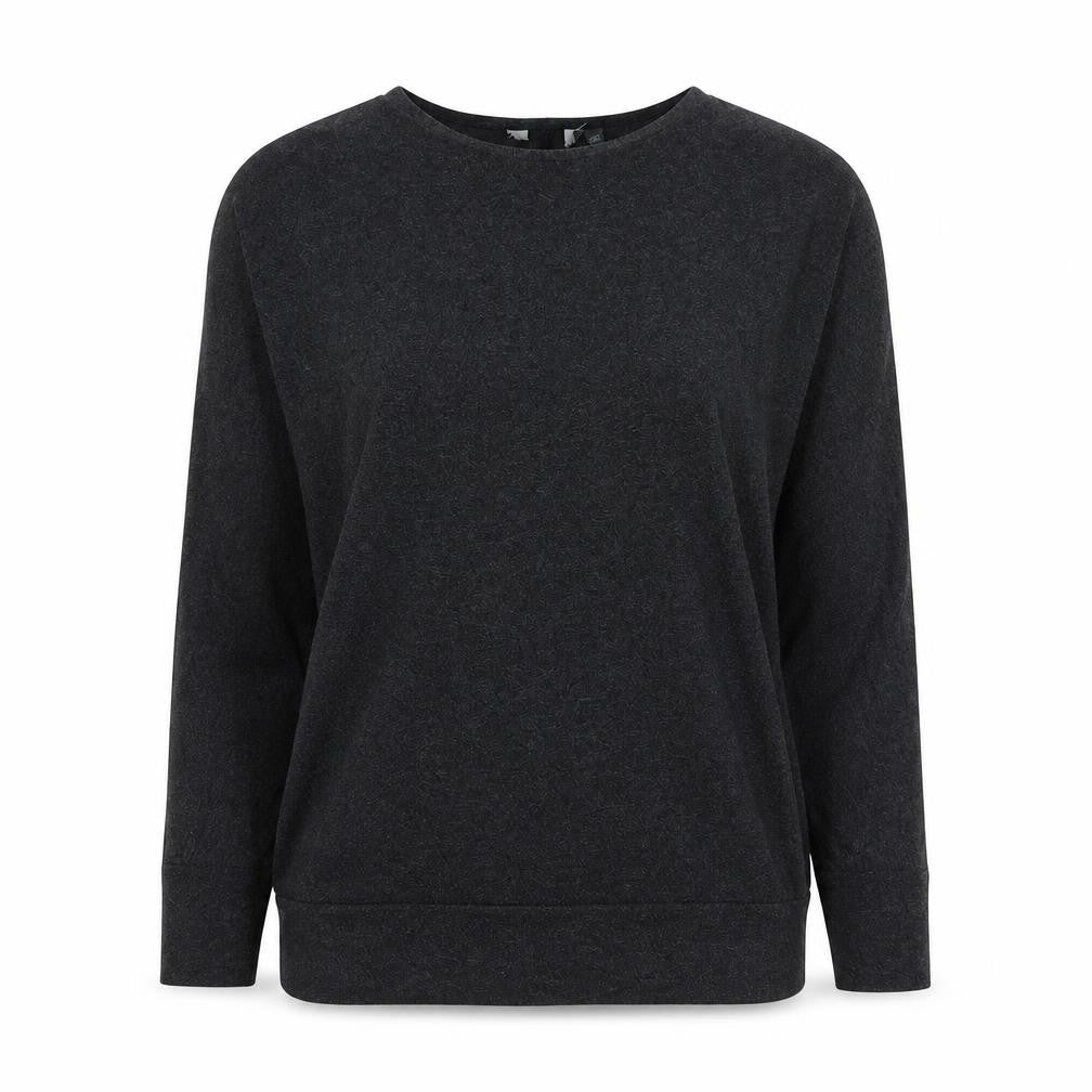 Front view of Preworn women’s grey round neck viscose jumper, size UK 12