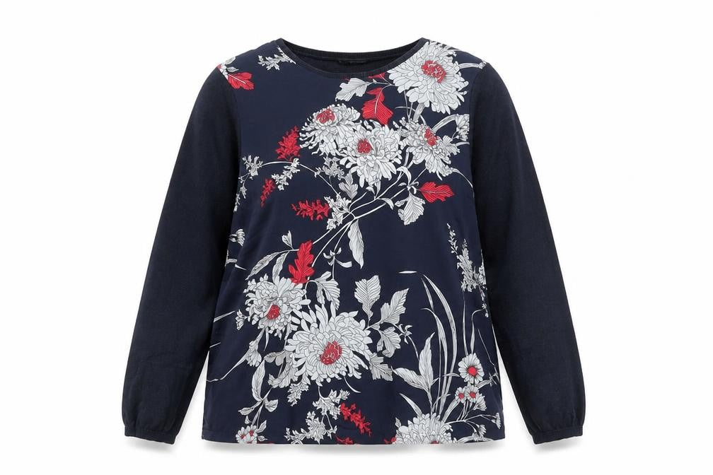 Front view of Warehouse women’s blue boat neck floral acrylic jumper, size L