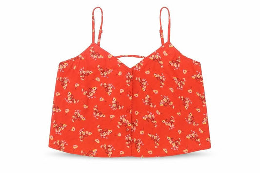 Front view of ASOS women’s red floral polyester camisole tank, size UK 14, v-neck - cropped