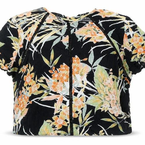 New Look Womens Black Floral Viscose Cropped Blouse Size 12 Round Neck - Tie Detail