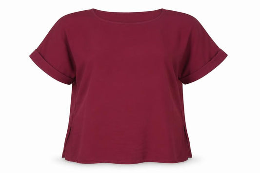 Front view of ASOS women’s purple polyester basic blouse, size UK 14, round neck - slit sides