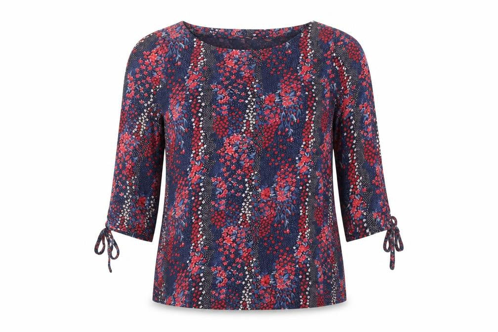 Front view of Monsoon women’s multicoloured floral 100% cotton basic blouse, size UK 8, round neck