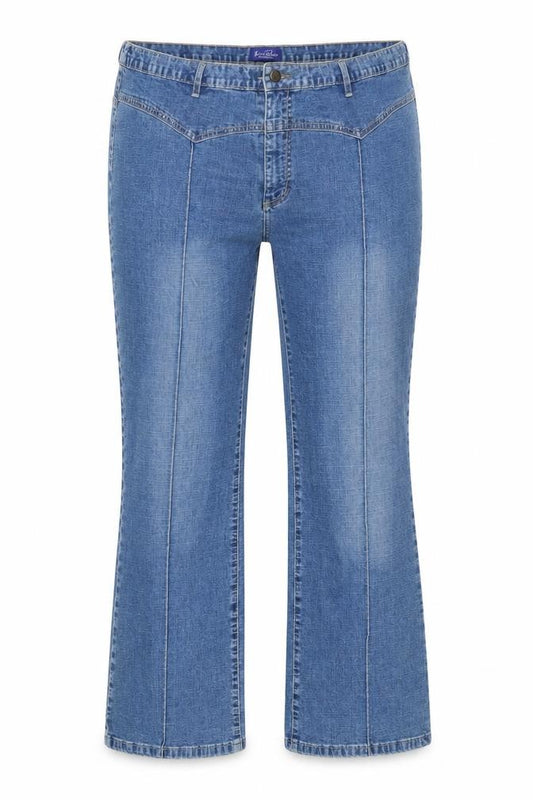 Front view of UNION BLUES women’s blue cotton bootcut jeans, size UK 28, 30-inch leg regular button