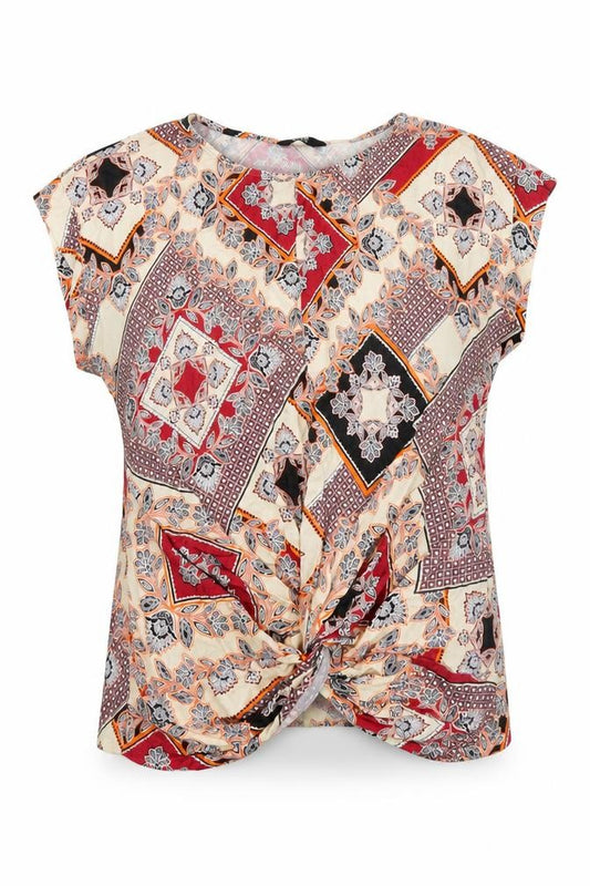 Front view of K&D London women’s multicoloured geometric viscose basic blouse, size UK 14, boat neck
