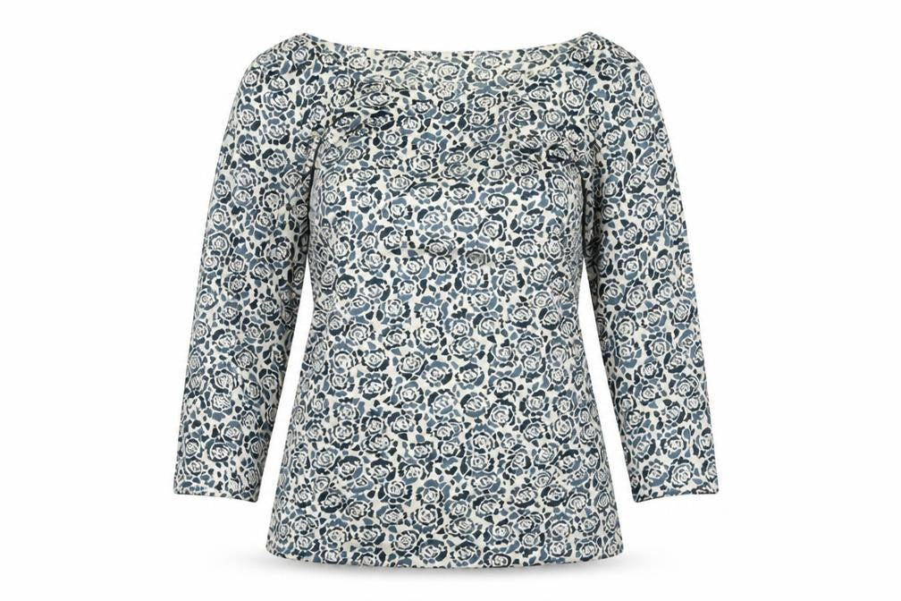 Front view of Collection women’s beige floral polyester basic blouse, size XS, boat neck