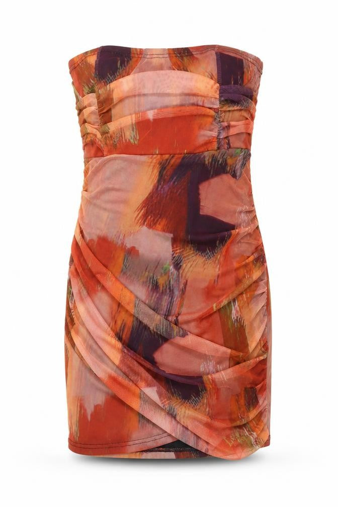 Front view of PRETTYLITTLETHING women’s multicoloured geometric polyester mini, size UK 6, off the shoulder pullover