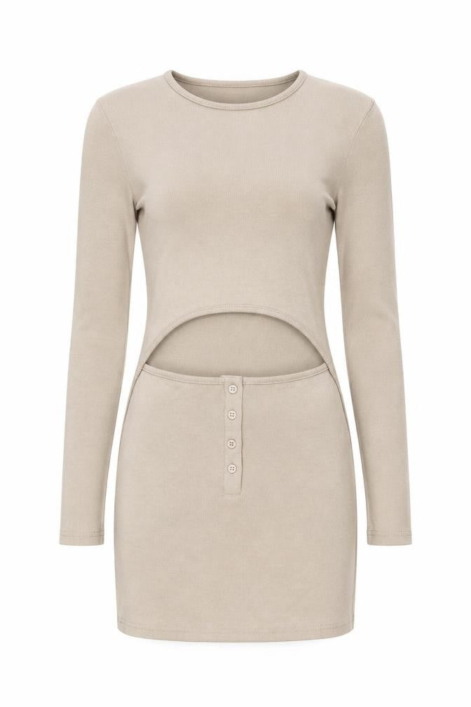 Front view of Missguided women’s beige cotton mini, size UK 6, round neck pullover