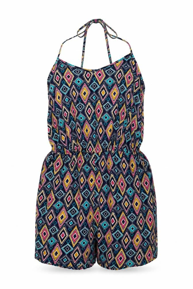 Front view of Next women’s multicoloured geometric viscose playsuit one-piece, size UK 6, pullover