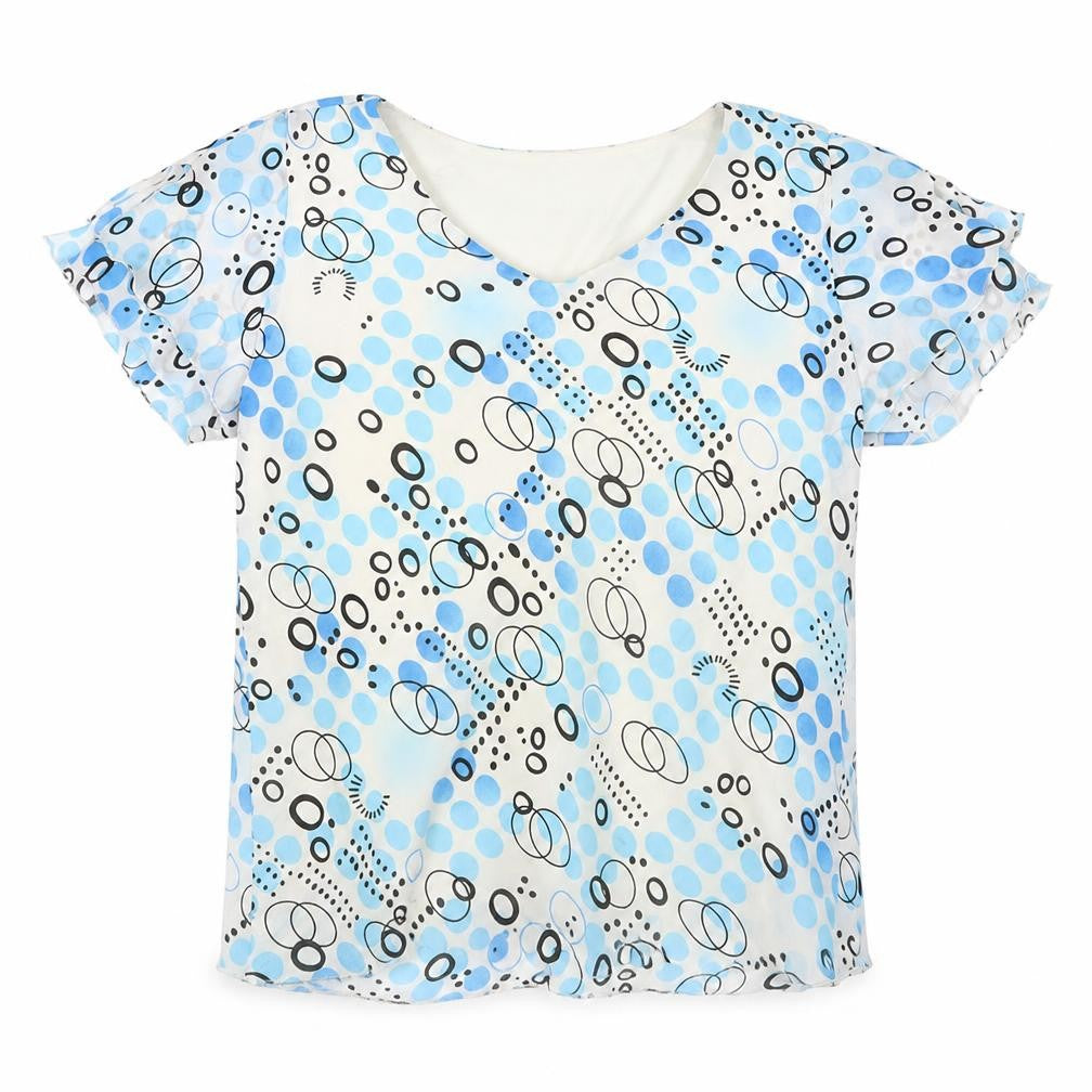 Front view of Soul women’s multicoloured geometric polyester basic t-shirt, size UK 14, v-neck