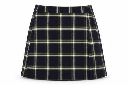 Front view of Oasis women’s multicoloured plaid polyester a-line skirt, size UK 12, zip