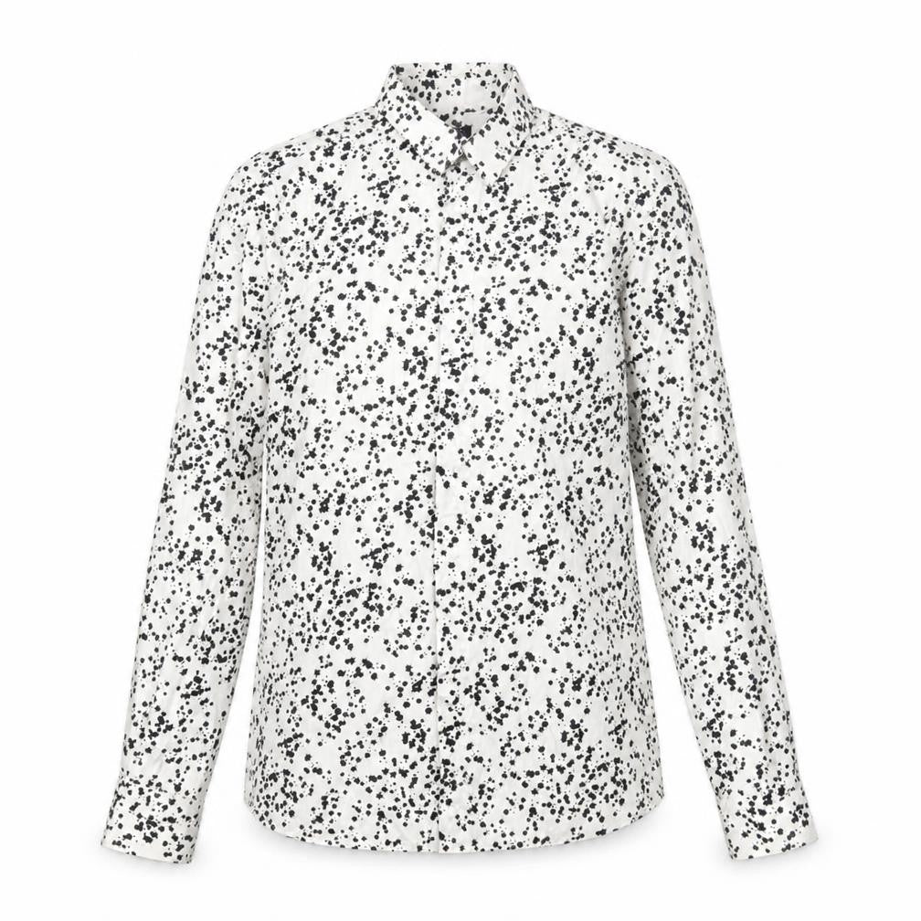 Front view of Twisted Tailor women’s white geometric cotton basic button-up, size S, collared