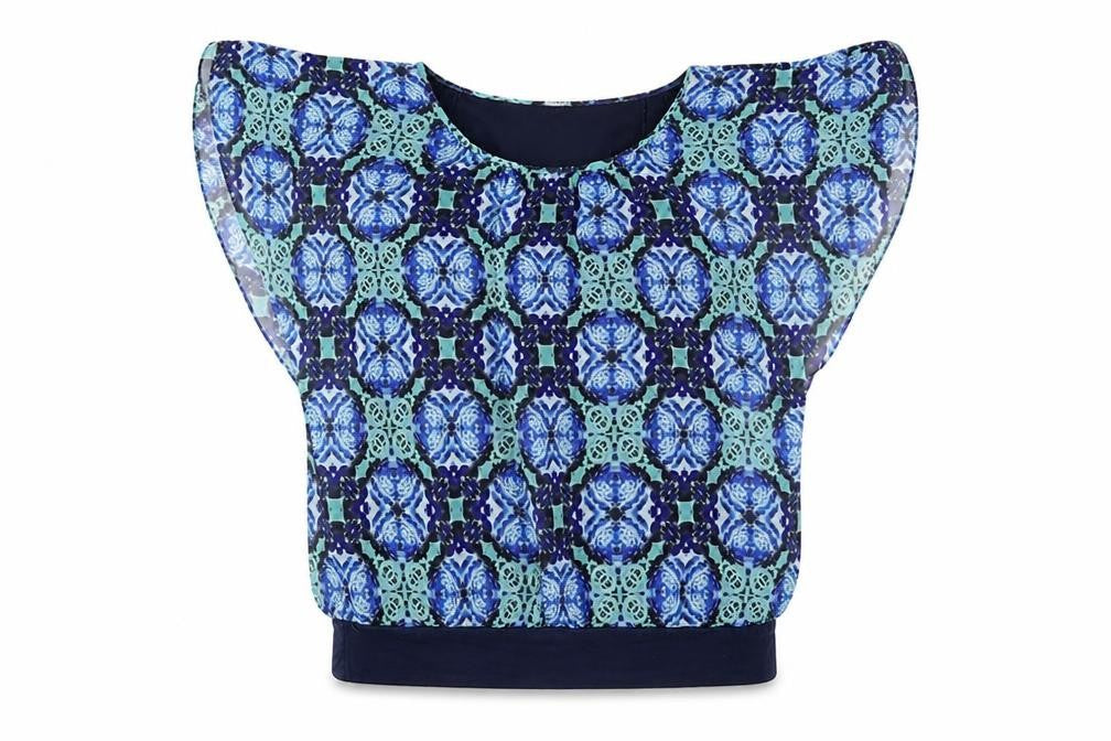 Front view of Monsoon women’s multicoloured geometric polyester basic t-shirt, size UK 12, off the shoulder