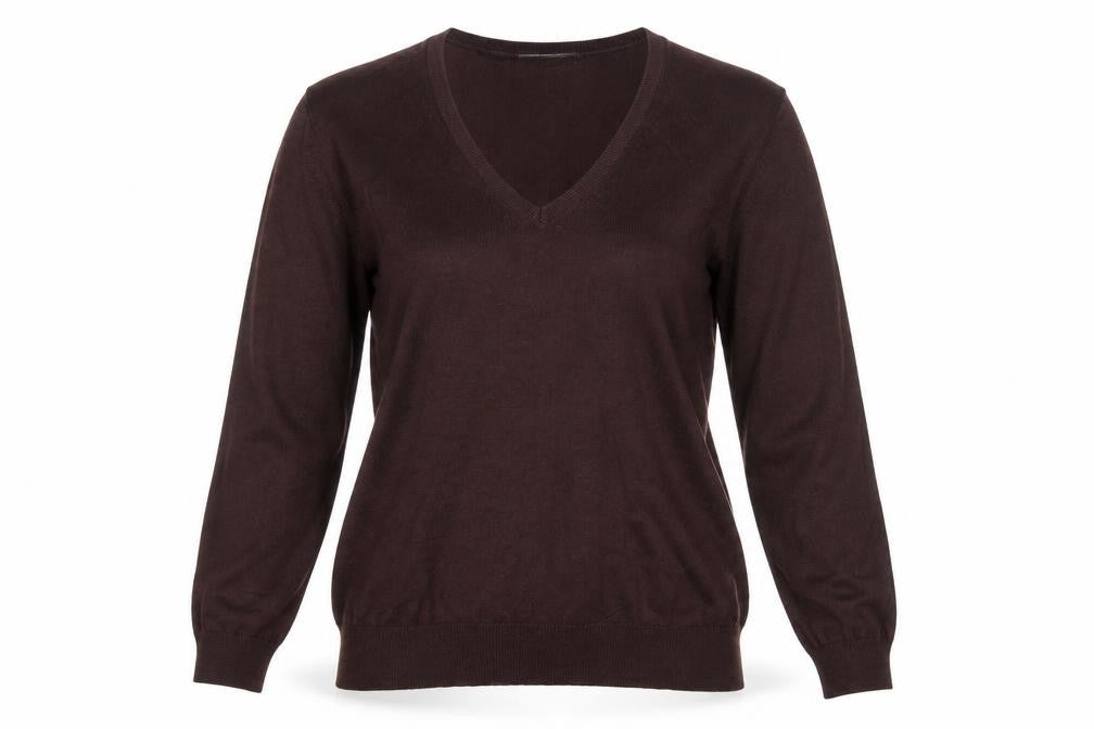 Front view of Marks & Spencer women’s brown v-neck viscose jumper, size UK 8