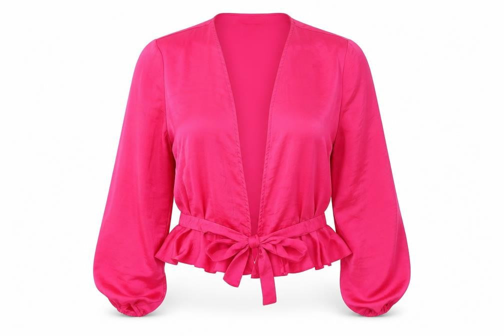 Front view of Topshop women’s pink polyester cropped blouse, size UK 8, v-neck