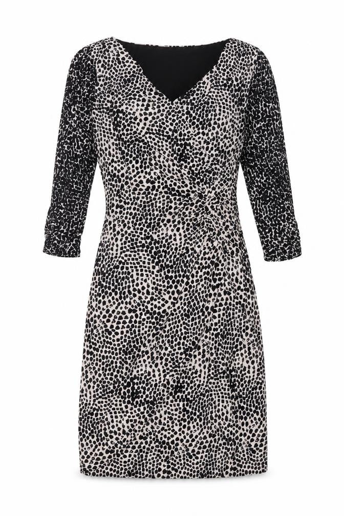 Front view of Coast women’s multicoloured animal print polyester a-line, size UK 12, v-neck zip