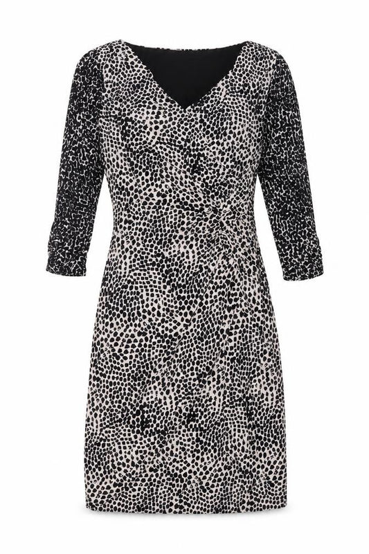 Front view of Coast women’s multicoloured animal print polyester a-line, size UK 12, v-neck zip