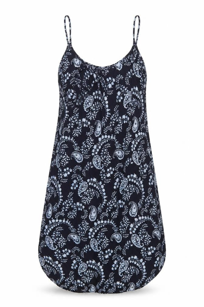 Front view of H&M women’s blue geometric viscose a-line, size UK 12, scoop neck pullover