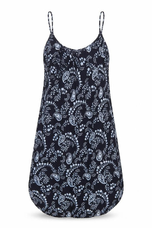 Front view of H&M women’s blue geometric viscose a-line, size UK 12, scoop neck pullover