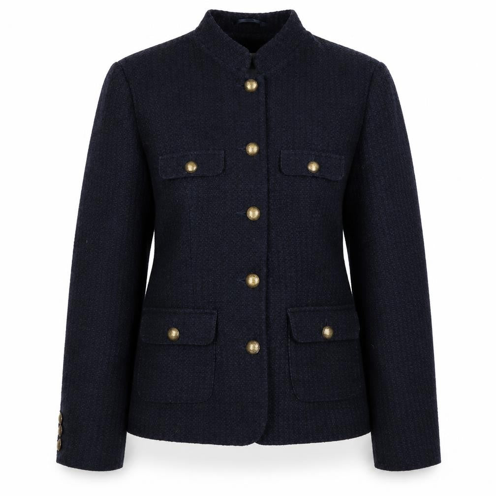 Front view of Per Una women’s blue pea coat coat, size UK 10, button