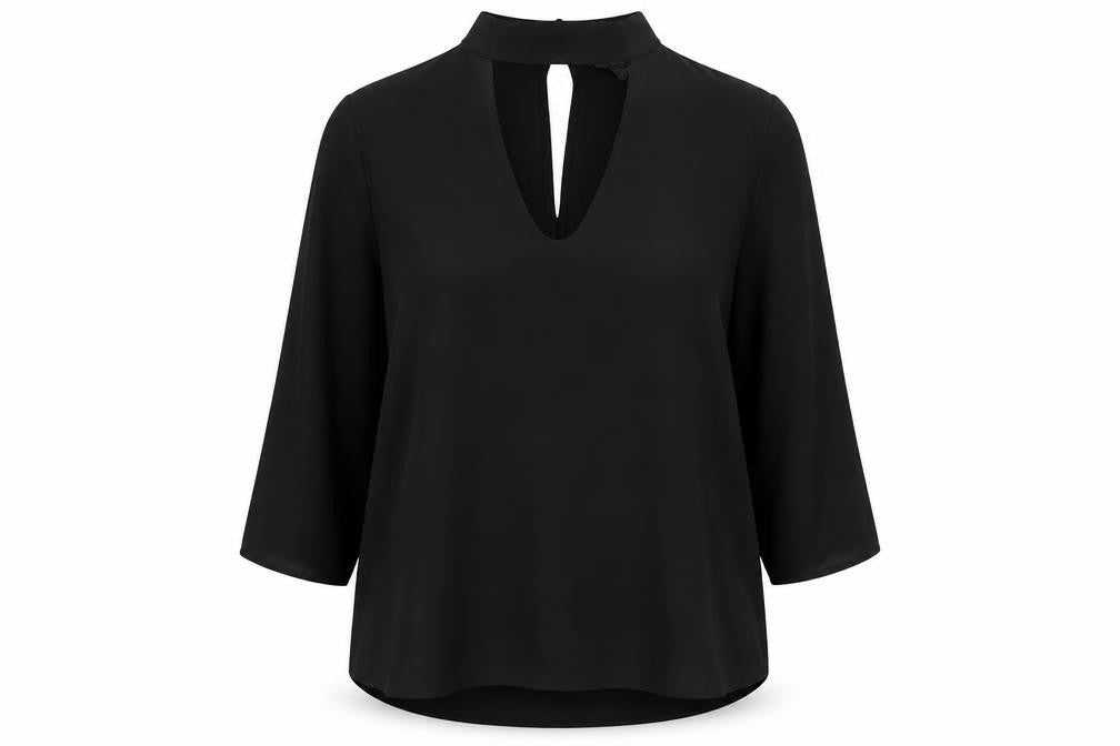 Front view of Atmosphere women’s black polyester basic blouse, size UK 10, mock neck