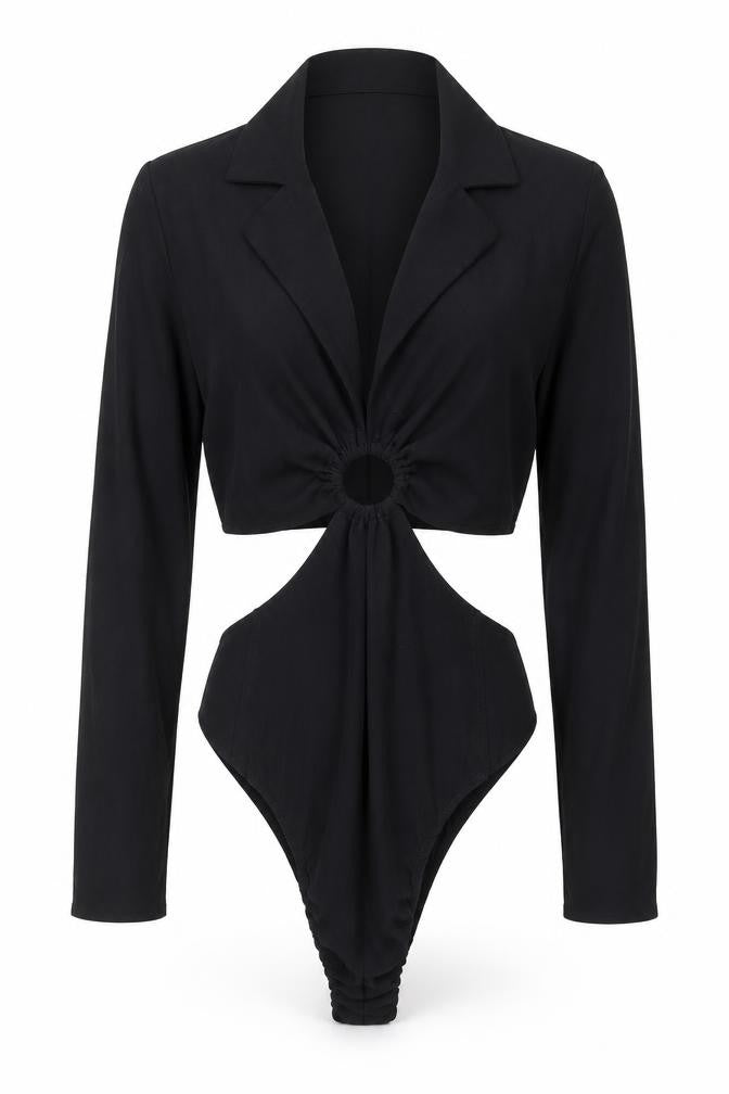 Front view of Zara women’s black polyester bodysuit one-piece, size S, snap