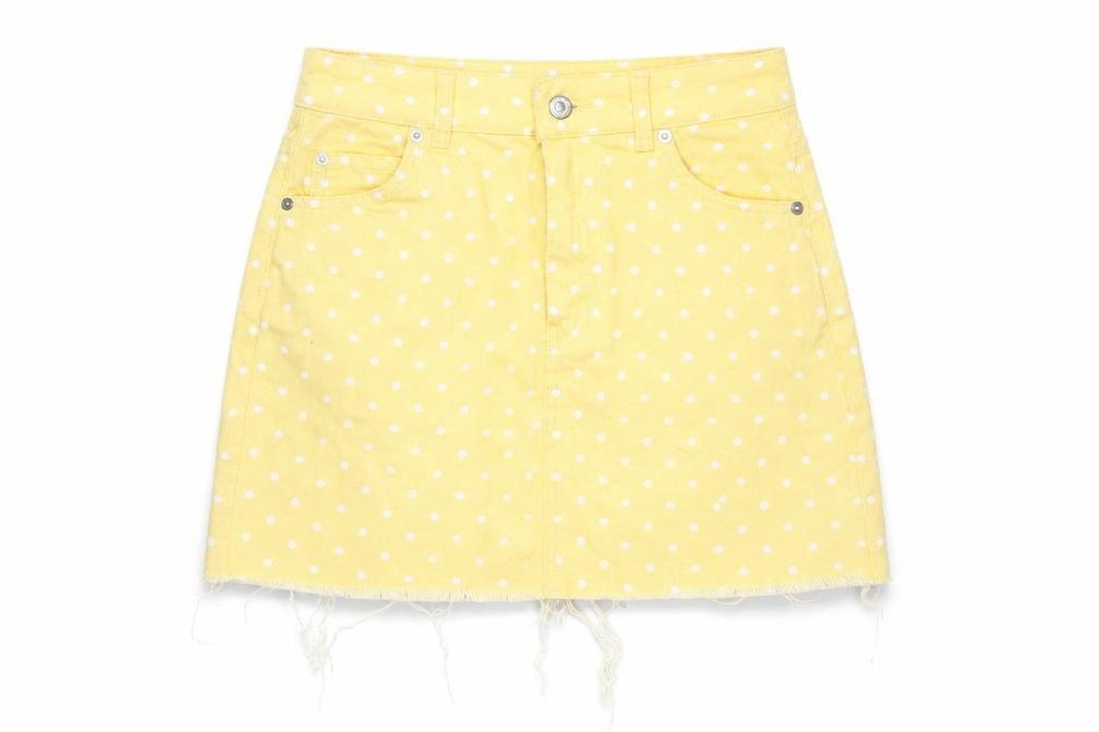 Topshop Womens Yellow Polka Dot Cotton A-Line Skirt Size 8 Button