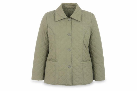 Front view of Dixie women’s green quilted coat, size UK 16, button