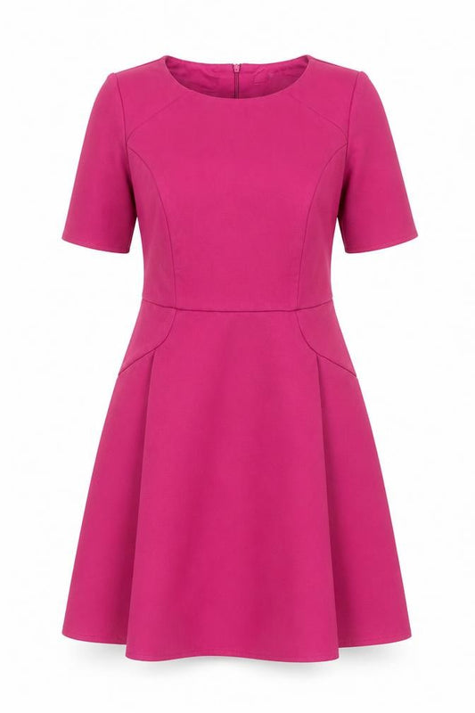 Front view of BHS women’s purple polyester fit & flare, size UK 10, round neck zip