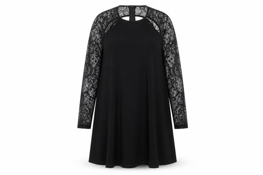 Front view of ASOS women’s black polyester a-line, size UK 10, crew neck zip - lace sleeve detail