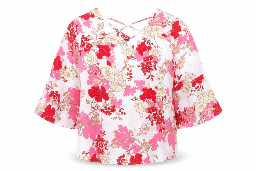 Front view of Bonmarché women’s pink floral polyester basic blouse, size UK 10, v-neck