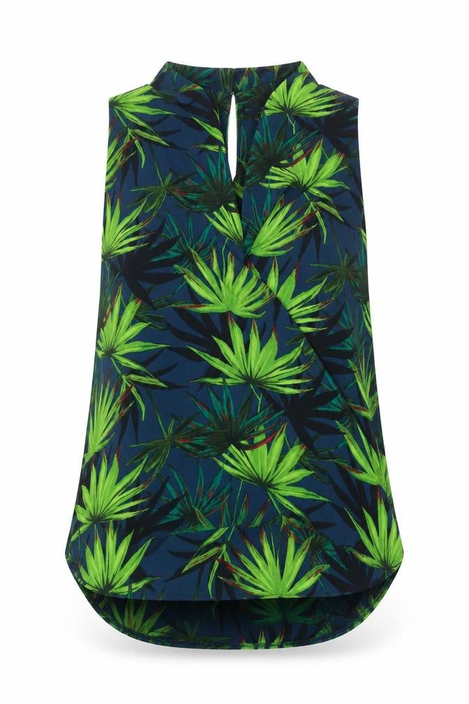 Front view of Dorothy Perkins women’s blue floral polyester basic tank, size UK 12, high neck