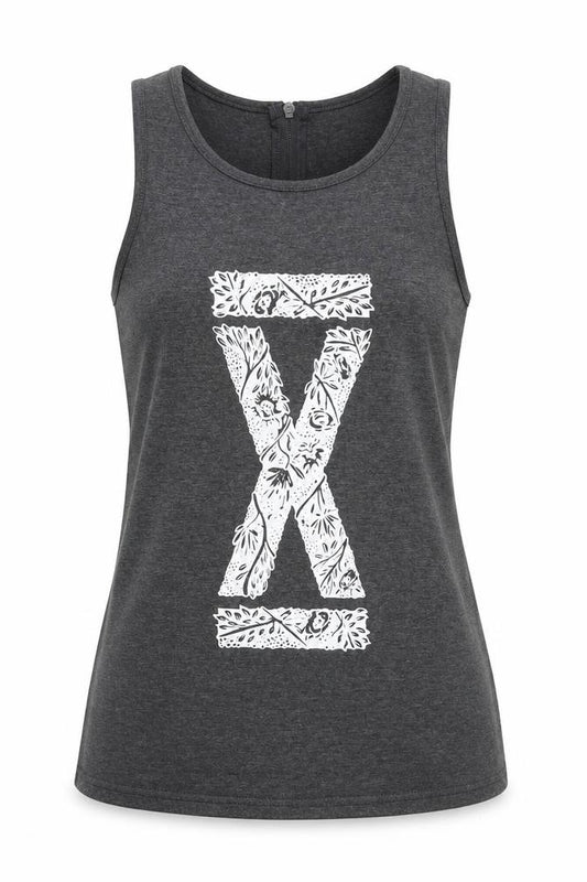 Front view of RXTR women’s grey viscose basic tank, size S, round neck
