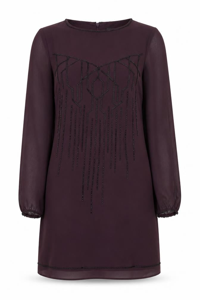 Front view of Coast women’s purple polyester a-line, size UK 12, round neck zip