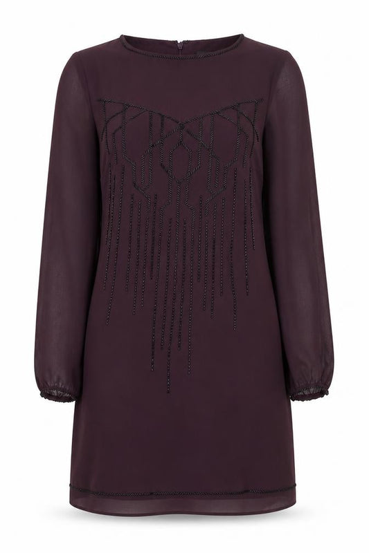Front view of Coast women’s purple polyester a-line, size UK 12, round neck zip